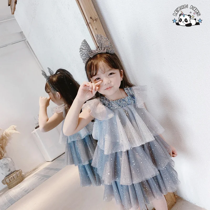 LEZONKIDS - Summer Baby Girl Tulle Casual Children's Wear Tie-dye Sequined Top Print Blue Tutu Dress